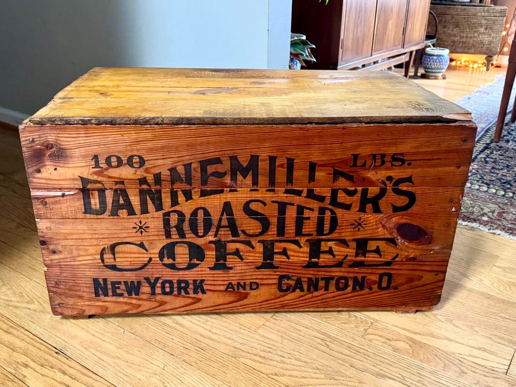 Antique Large Wood Dannemiller's Roasted Coffee Crate | 100lbs Roasted Coffee Crate W/lid