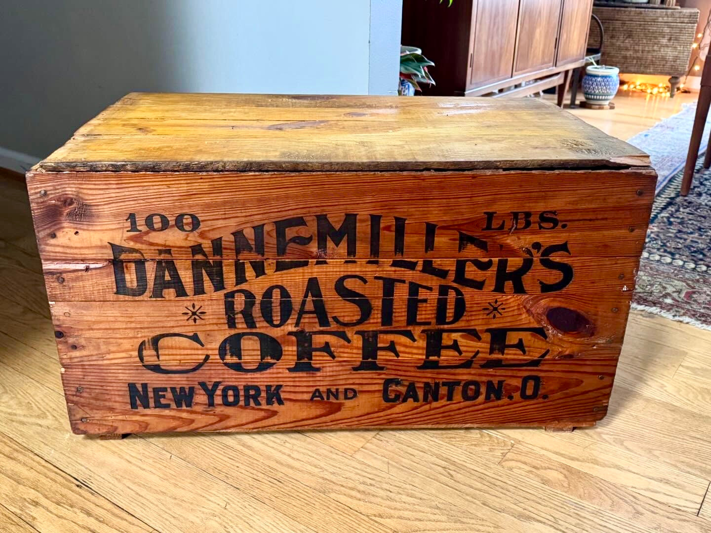 Antique Large Wood Dannemiller's Roasted Coffee Crate | 100lbs Roasted Coffee Crate W/lid
