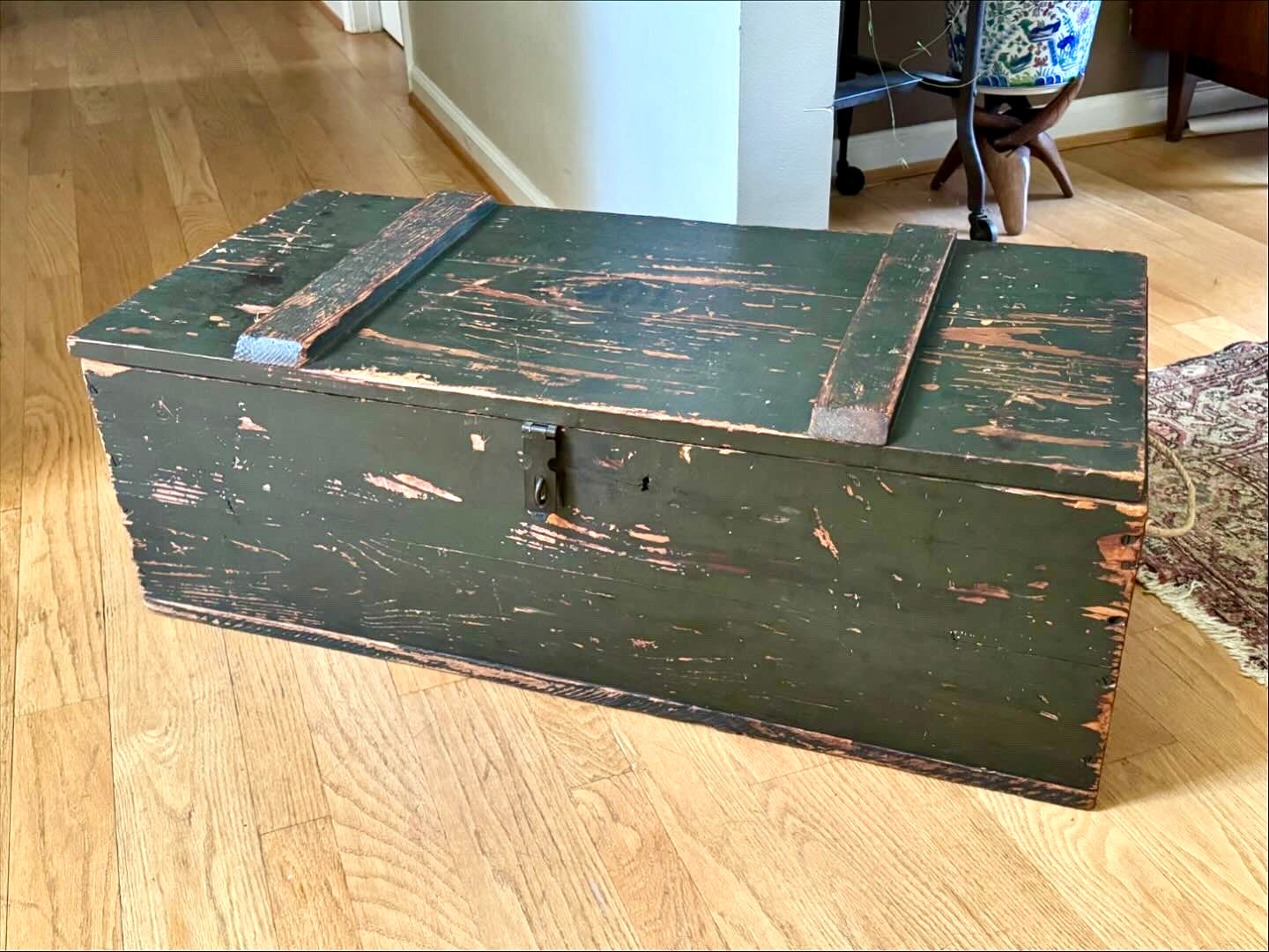 Vintage Wooden Military Footlocker / Rustic Green Storage Trunk