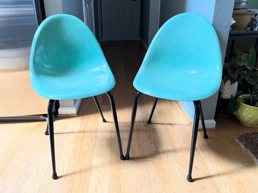 Pair of 1960's Mid-Century Modern Teal Chromecraft Fiberglass Molded Shell Chairs ~ Pair of MCM Teal Fiberglass Shell Chairs (2 Pairs available)