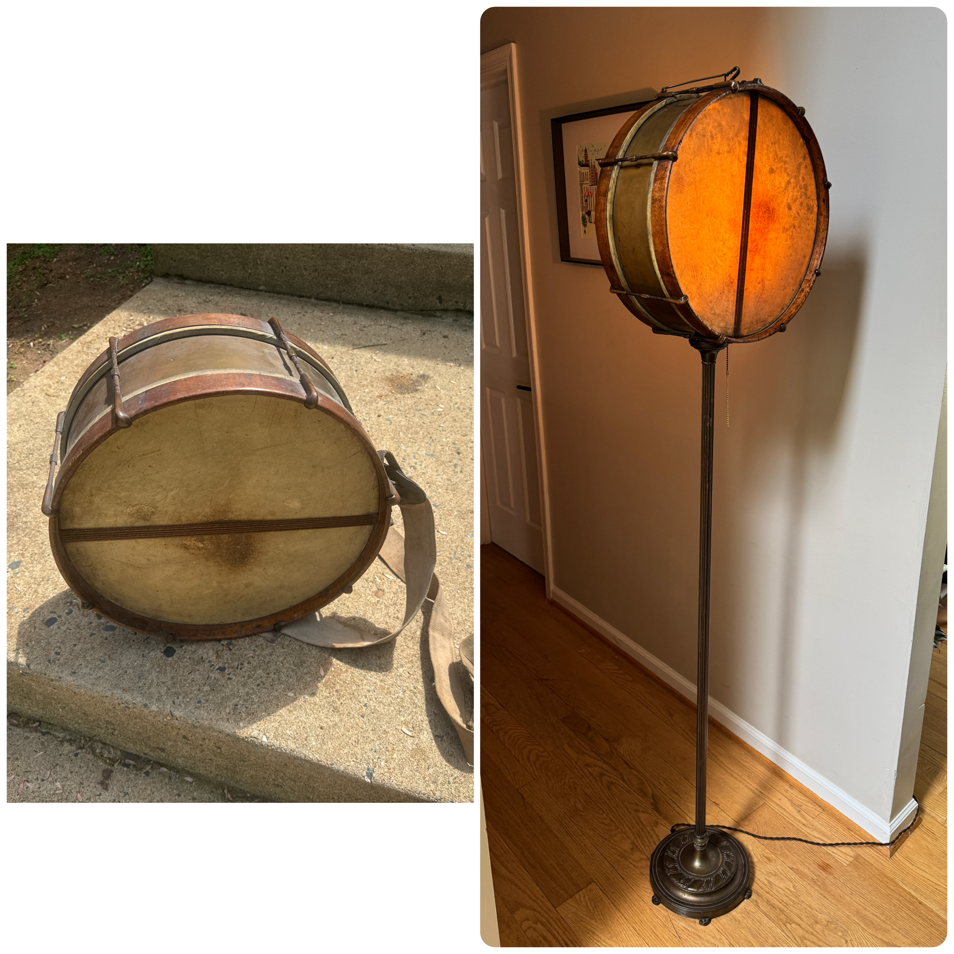 Vtg Wood & Brass Snare Drum Up-Cycled Floor Lamp ~ New Departure Snare Drum Lamp