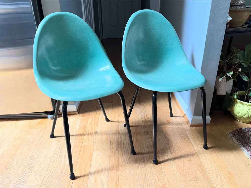 Pair of 1960's Mid-Century Modern Teal Chromecraft Fiberglass Molded Shell Chairs ~ Pair of MCM Teal Fiberglass Shell Chairs (2 Pairs available)