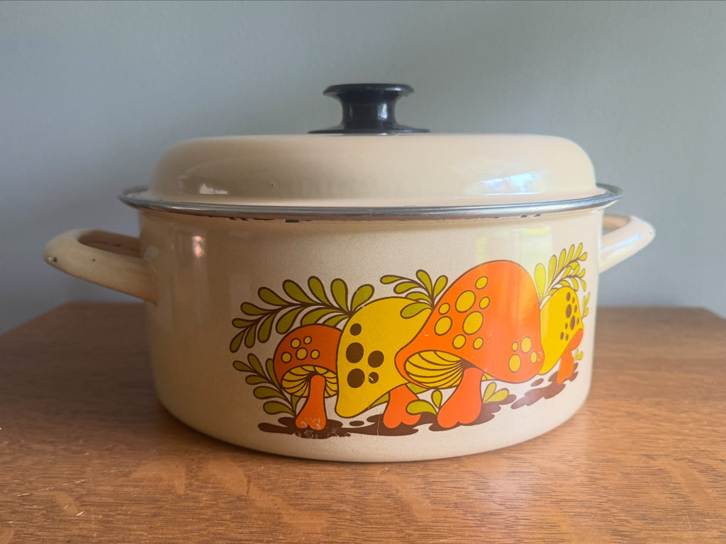 70's Sears Merry Mushroom Enamel 10" Stock Pot ~ Mushroom Enamelware Dutch Oven