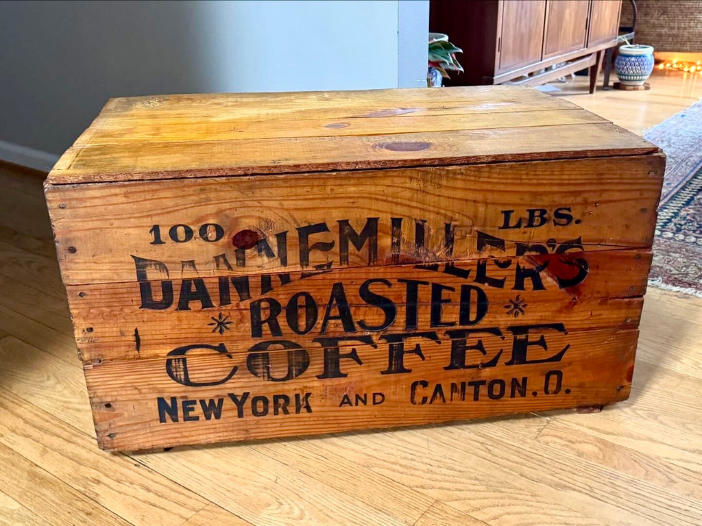 Antique Large Wood Dannemiller's Roasted Coffee Crate | 100lbs Roasted Coffee Crate W/lid
