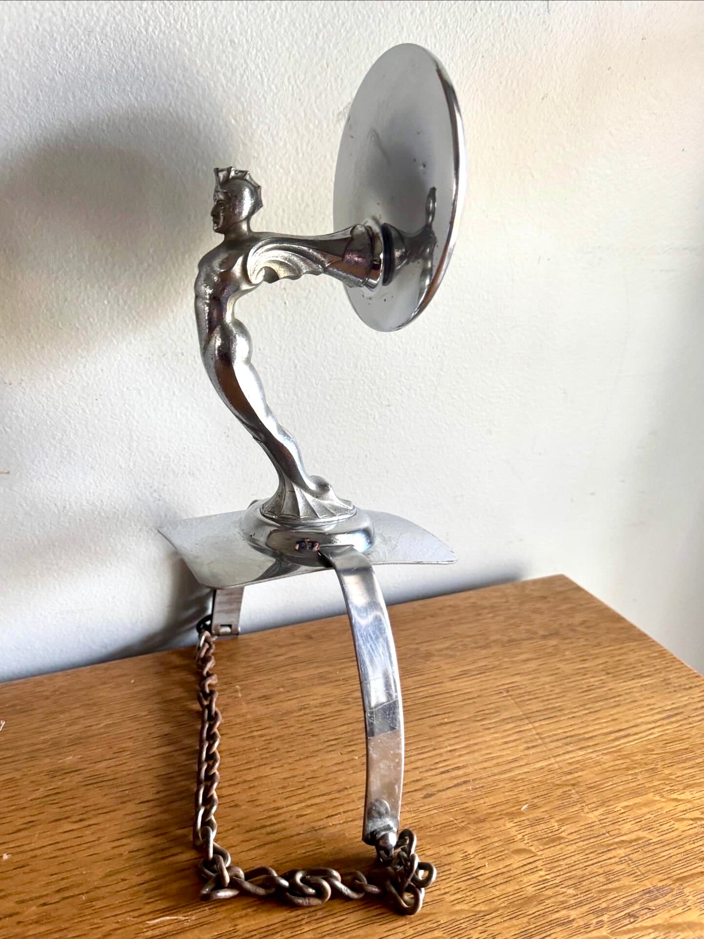 1920's-30's Art Deco Rocketeer Automobile Spare Tire Ornament Mirror | Machine Age Tire Mount Mirror