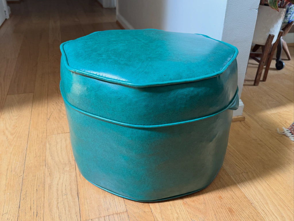 1960's Turquoise Vinyl Octagon Ottoman ~ Vinyl Hassock Ottoman Pouf