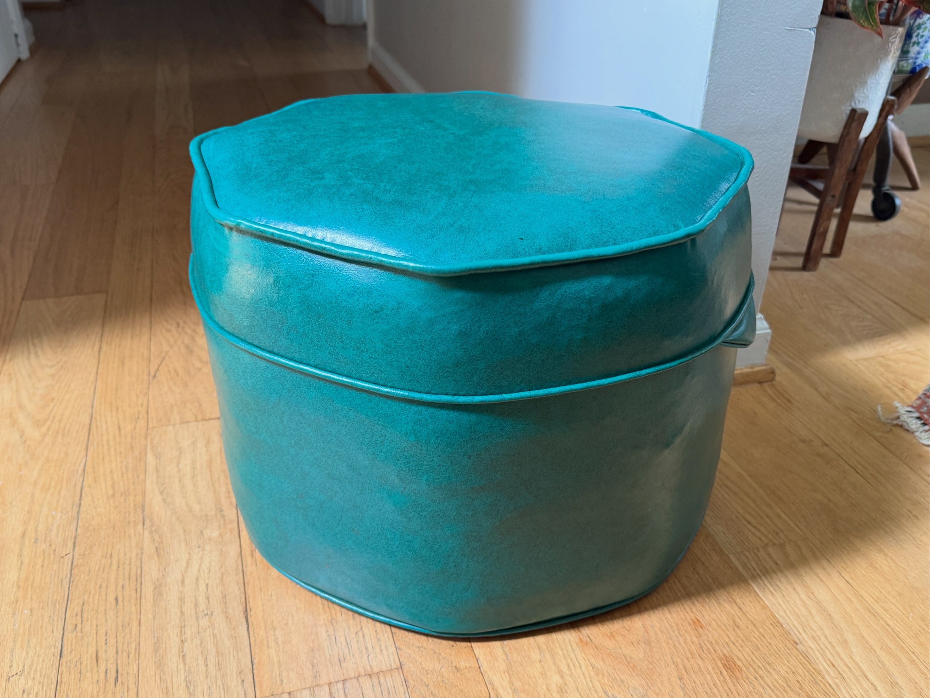 1960's Turquoise Vinyl Octagon Ottoman ~ Vinyl Hassock Ottoman Pouf