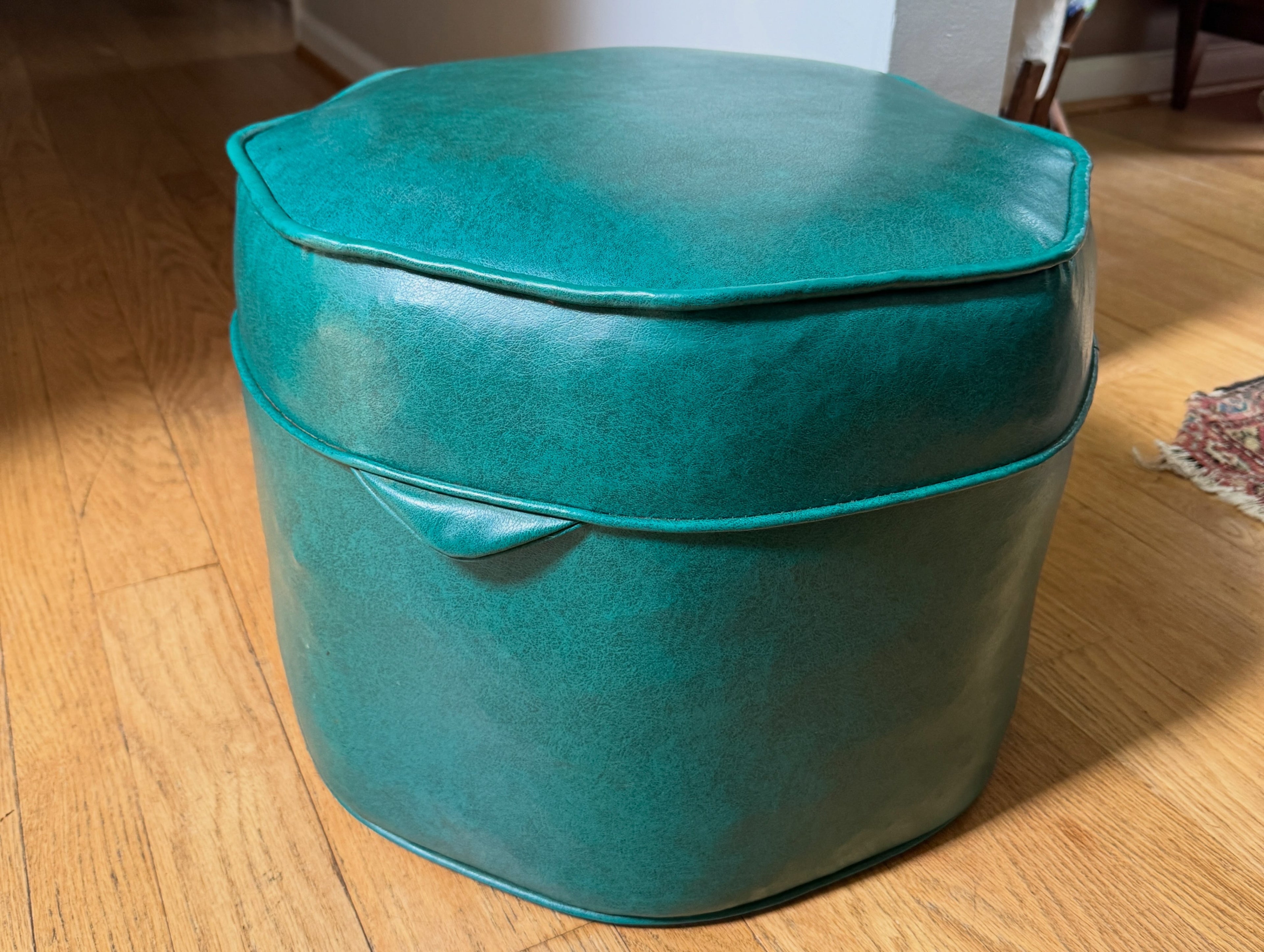 1960's Turquoise Vinyl Octagon Ottoman ~ Vinyl Hassock Ottoman Pouf