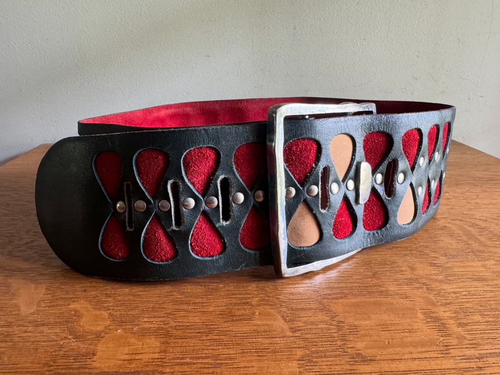1960's Rare Vera Neumann Leather Belt ~ 60's Black Leather, Red and Tan Suede Belt