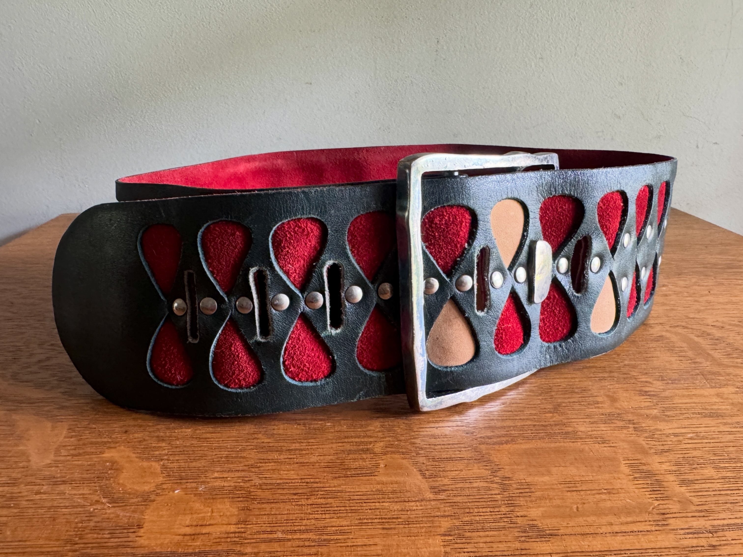 1960's Rare Vera Neumann Leather Belt ~ 60's Black Leather, Red and Tan Suede Belt