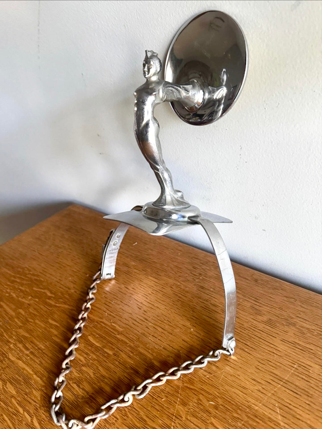 1920's-30's Art Deco Rocketeer Automobile Spare Tire Ornament Mirror | Machine Age Tire Mount Mirror