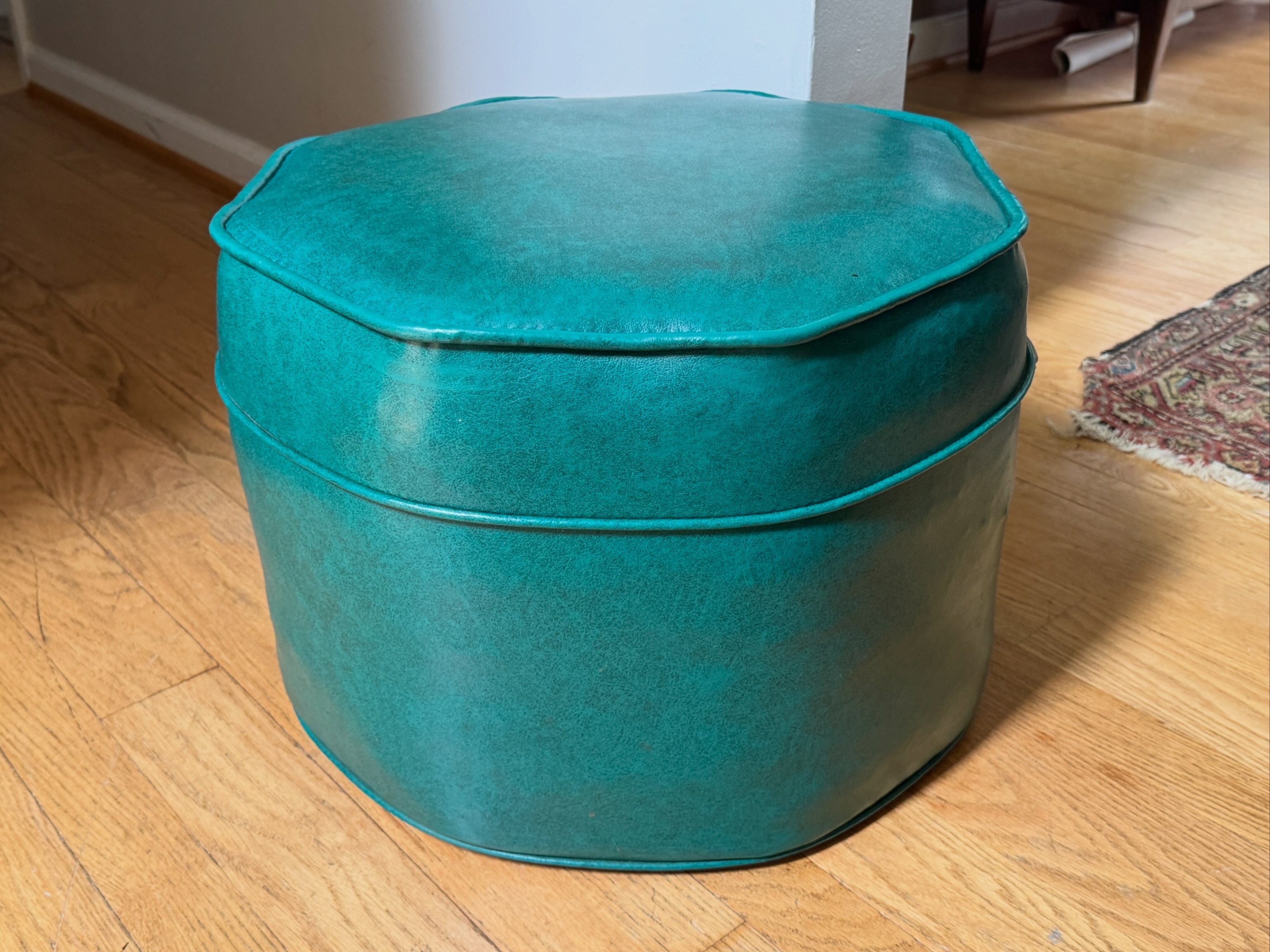 1960's Turquoise Vinyl Octagon Ottoman ~ Vinyl Hassock Ottoman Pouf