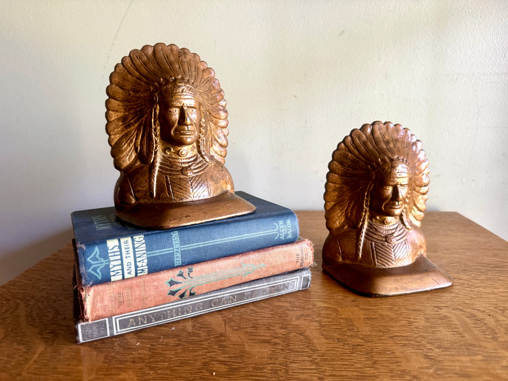 Vtg cast iron Indian Chief bookends - 1930's Native American Indian bookshelf display