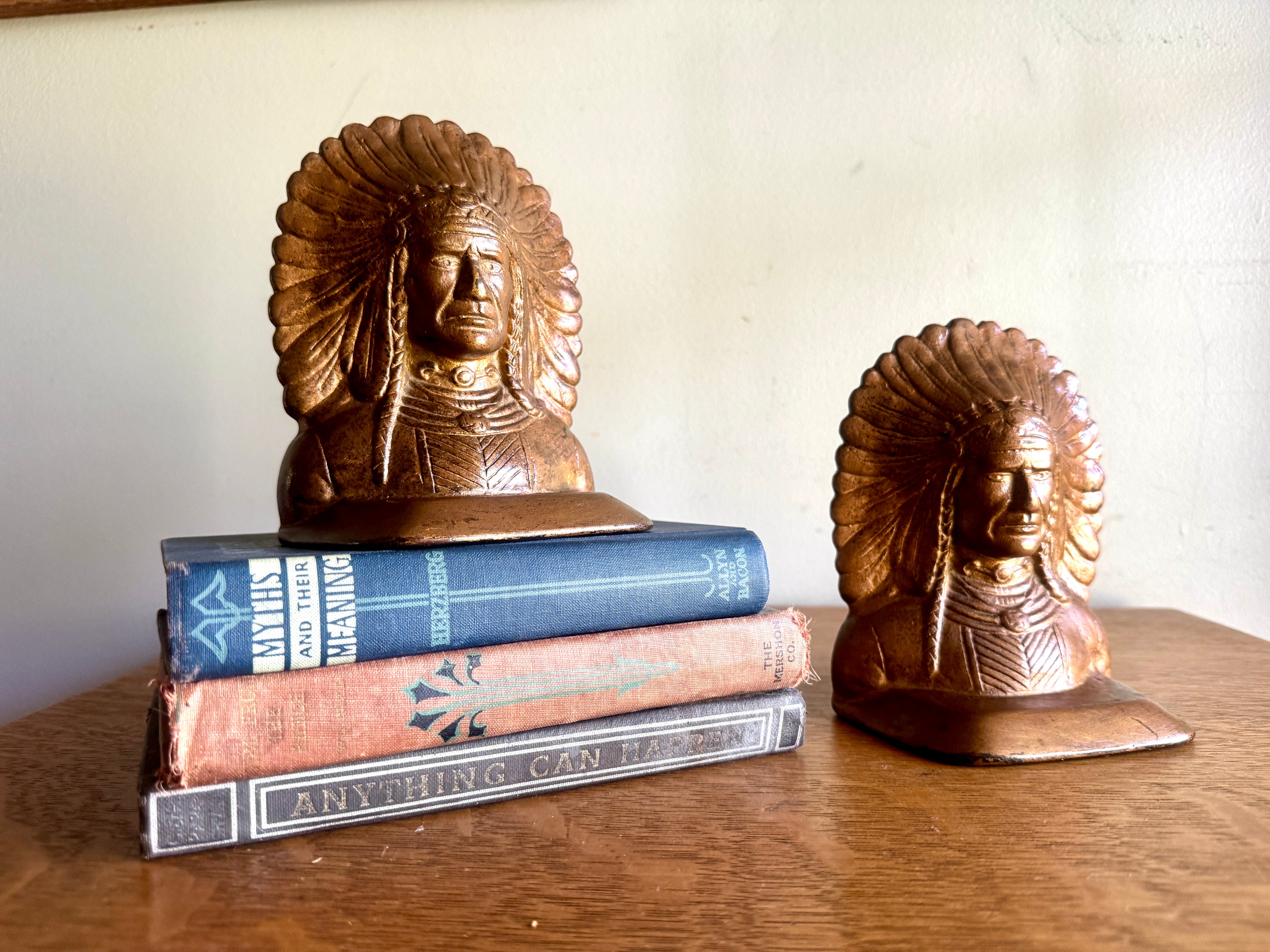 Vtg cast iron Indian Chief bookends - 1930's Native American Indian bookshelf display