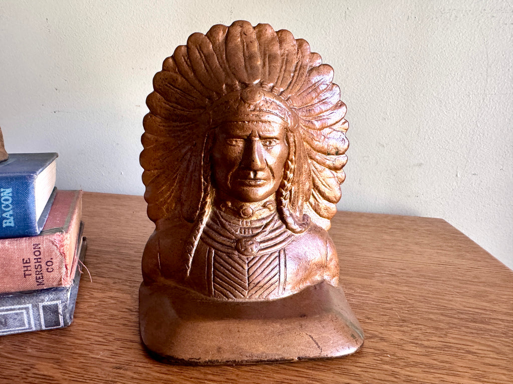 Vtg cast iron Indian Chief bookends - 1930's Native American Indian bookshelf display