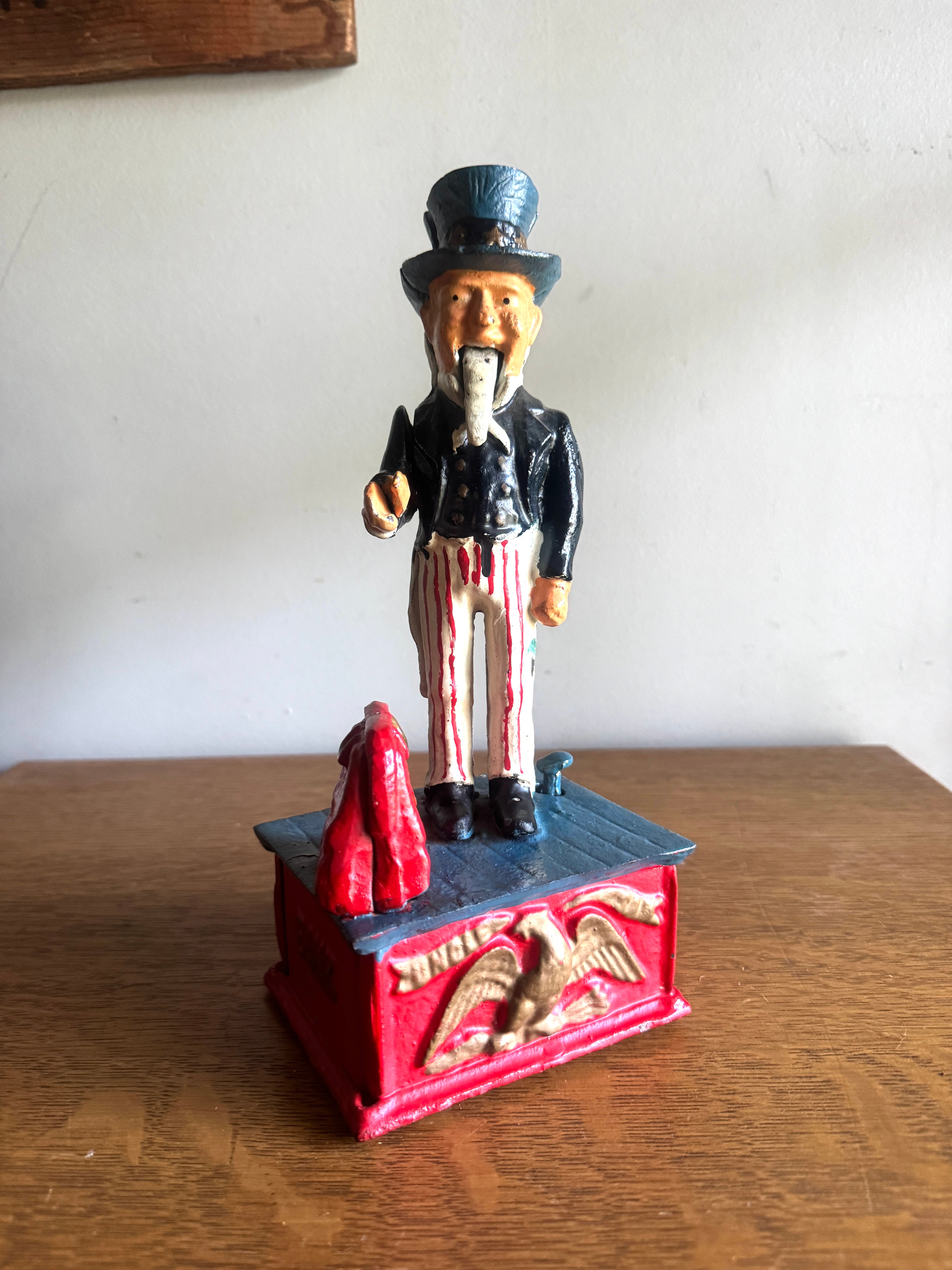 American Reproduction Cold Painted Cast Metal 'Uncle Sam' Mechanical Coin Bank