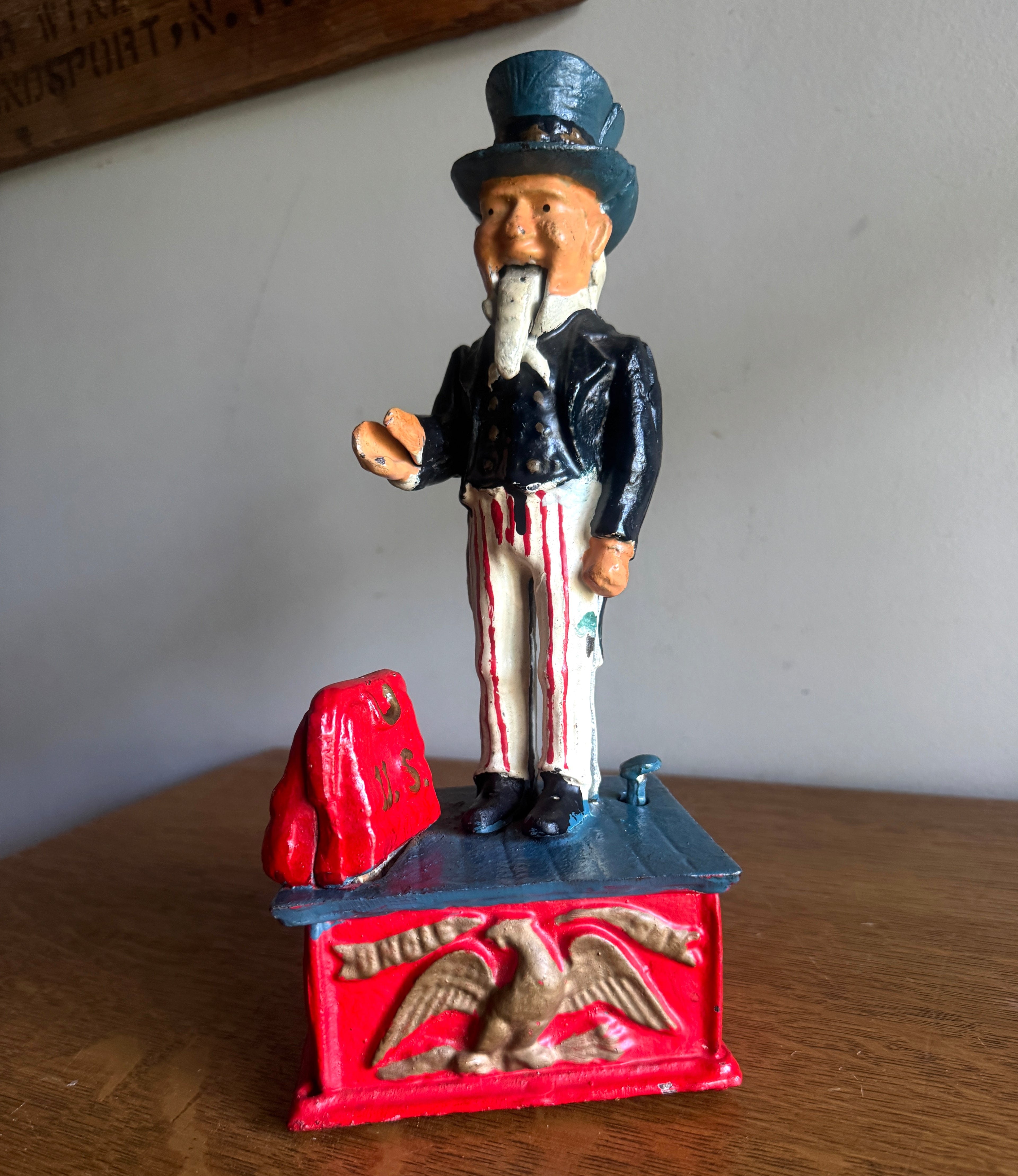 American Reproduction Cold Painted Cast Metal 'Uncle Sam' Mechanical Coin Bank
