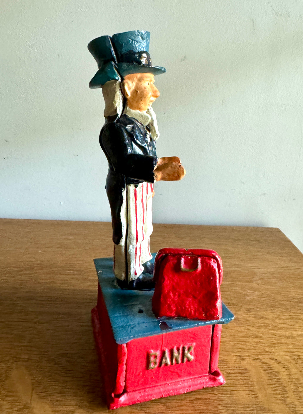 American Reproduction Cold Painted Cast Metal 'Uncle Sam' Mechanical Coin Bank