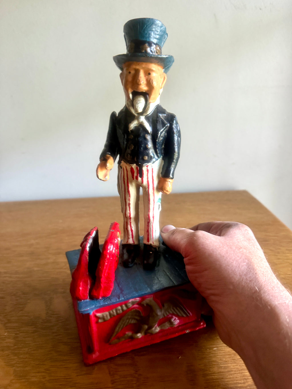 American Reproduction Cold Painted Cast Metal 'Uncle Sam' Mechanical Coin Bank