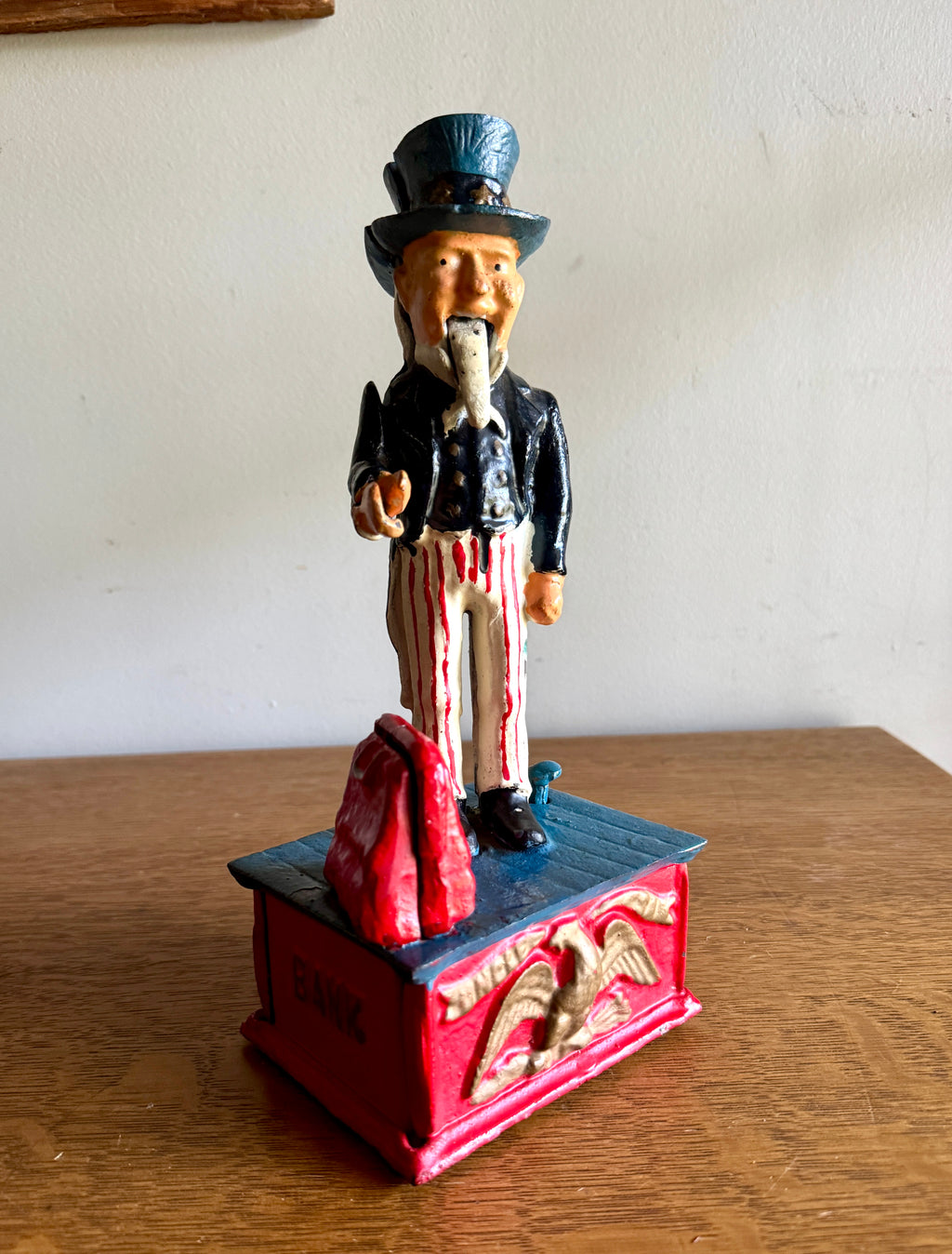 American Reproduction Cold Painted Cast Metal 'Uncle Sam' Mechanical Coin Bank