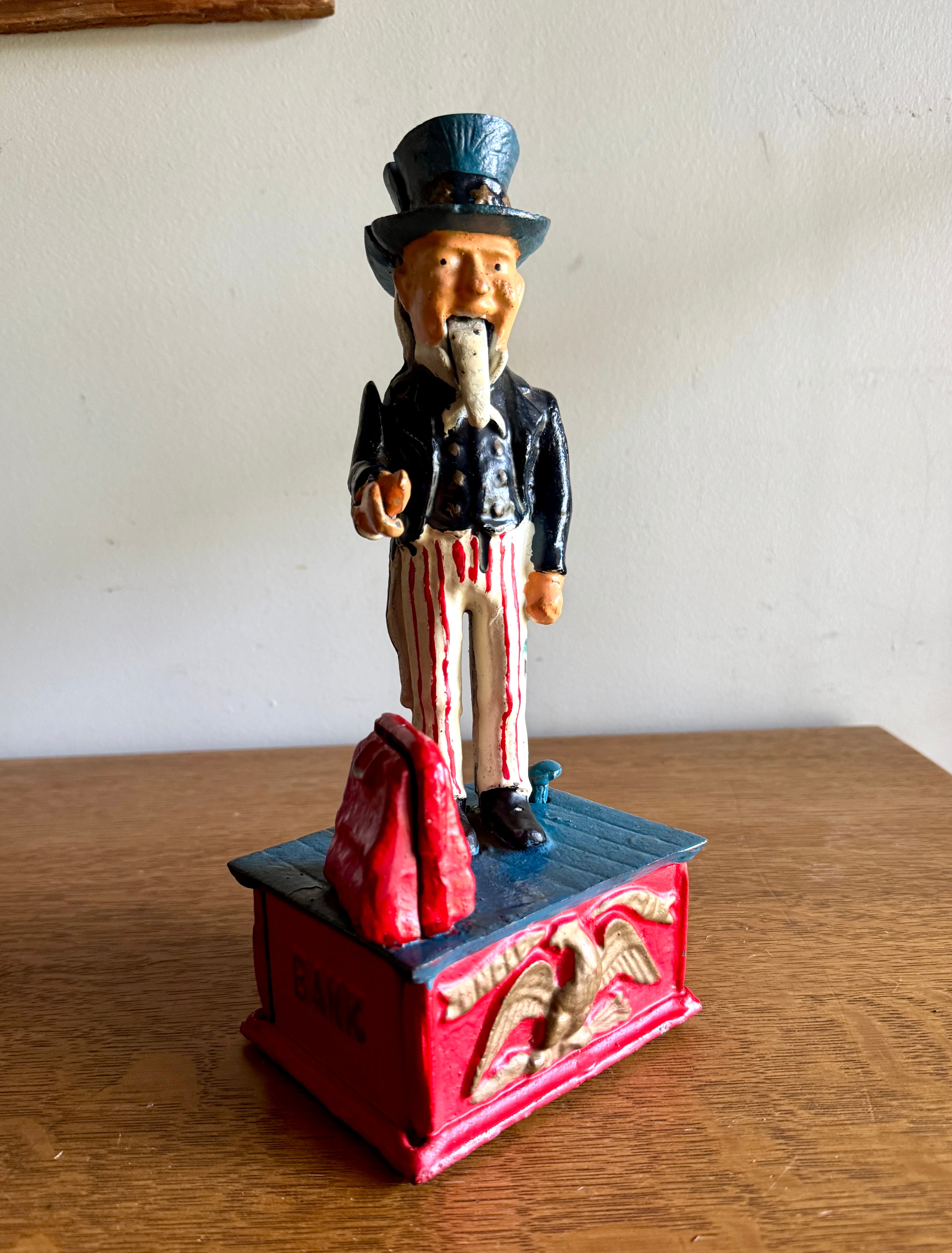 American Reproduction Cold Painted Cast Metal 'Uncle Sam' Mechanical Coin Bank