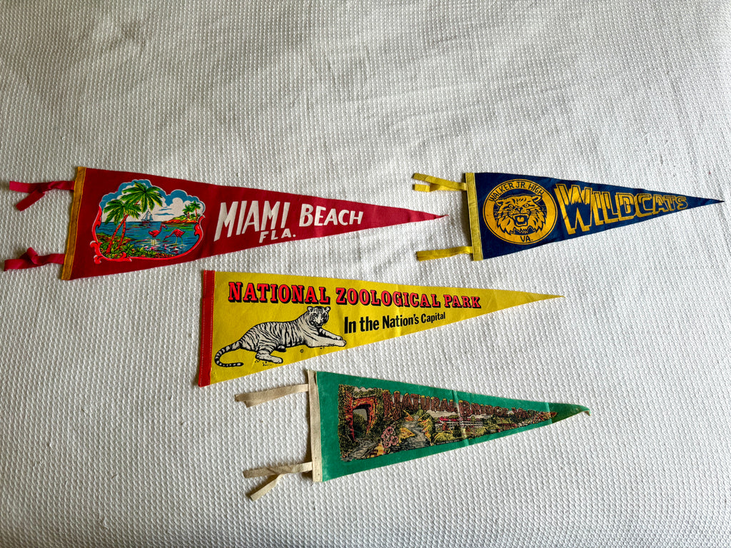 A Lot of 4 Vintage Felt Pennants ~ Natural Bridge, Miami Beach, National Zoological Park Pennants