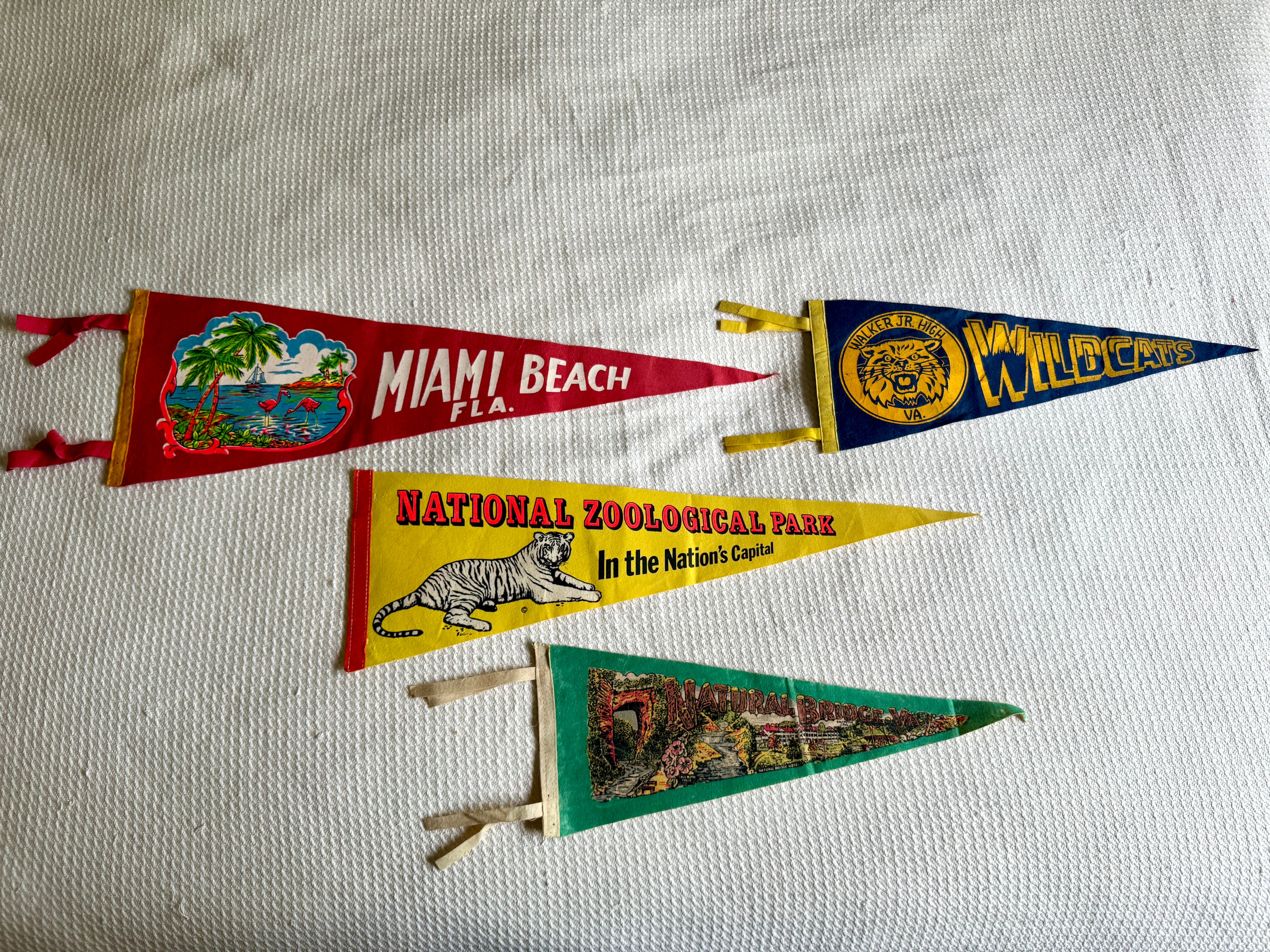 A Lot of 4 Vintage Felt Pennants ~ Natural Bridge, Miami Beach, National Zoological Park Pennants