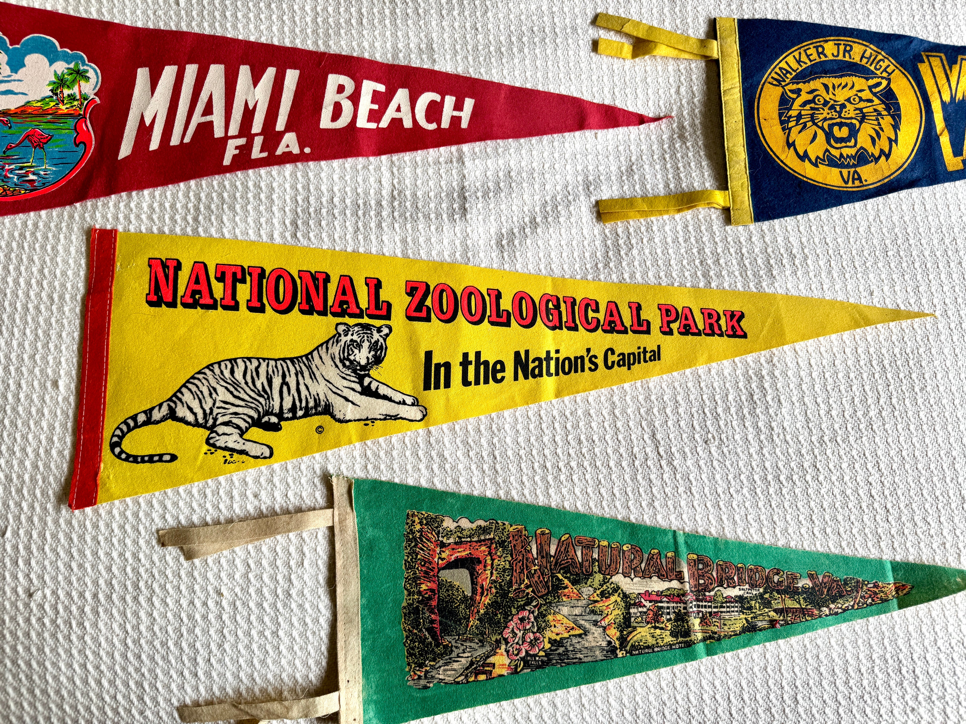 A Lot of 4 Vintage Felt Pennants ~ Natural Bridge, Miami Beach, National Zoological Park Pennants