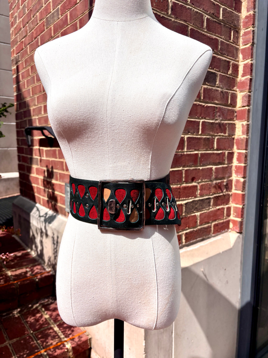 1960's Rare Vera Neumann Leather Belt ~ 60's Black Leather, Red and Tan Suede Belt