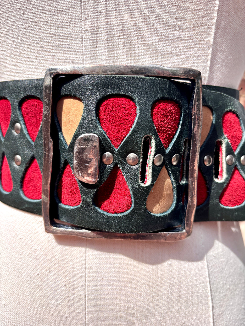 1960's Rare Vera Neumann Leather Belt ~ 60's Black Leather, Red and Tan Suede Belt