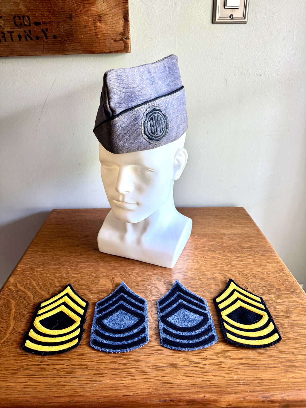 1960's Bordertown Military Institute Wool Garrison Cap and Four Sergeant Chevron Backings