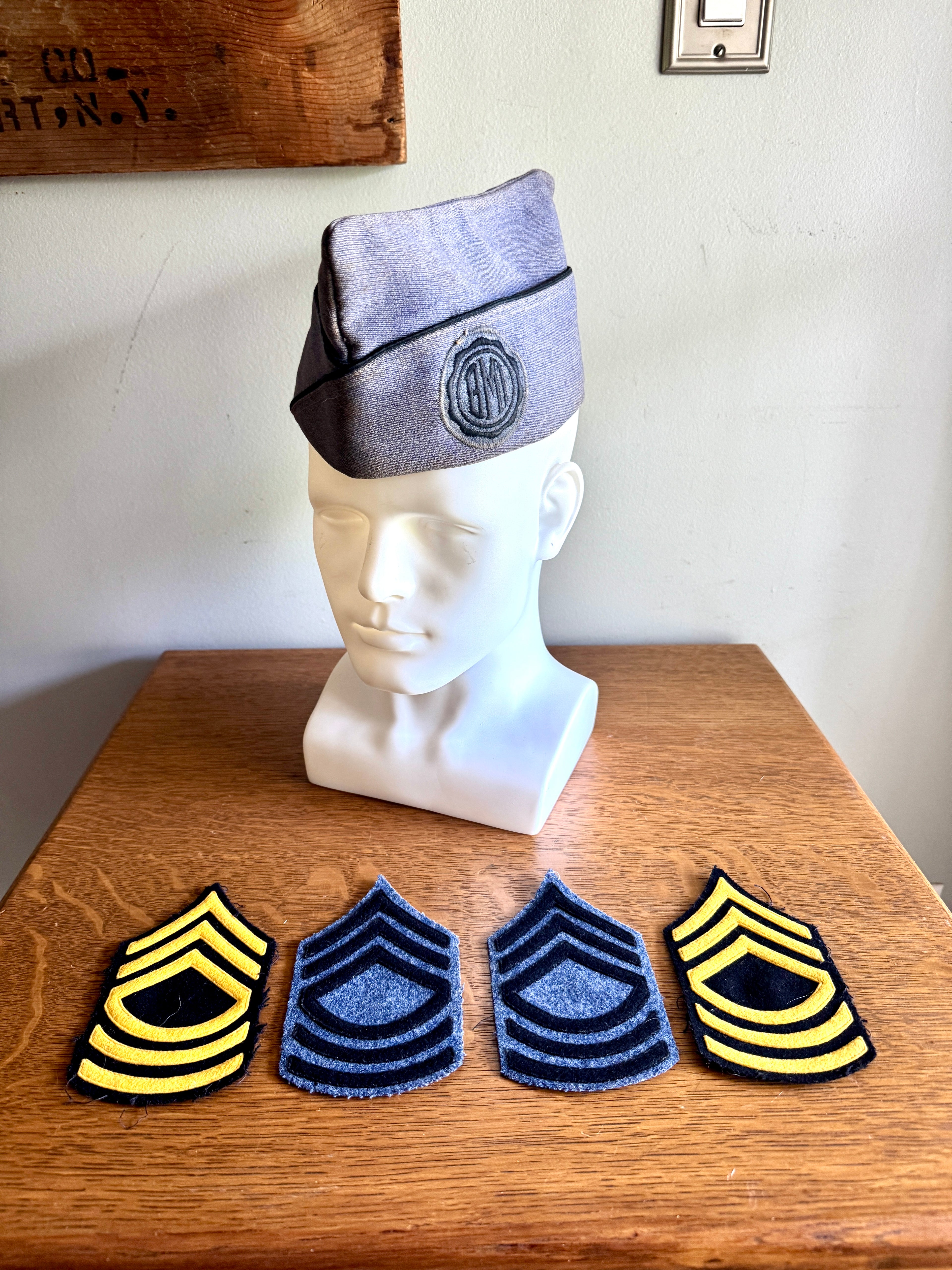 1960's Bordertown Military Institute Wool Garrison Cap and Four Sergeant Chevron Backings
