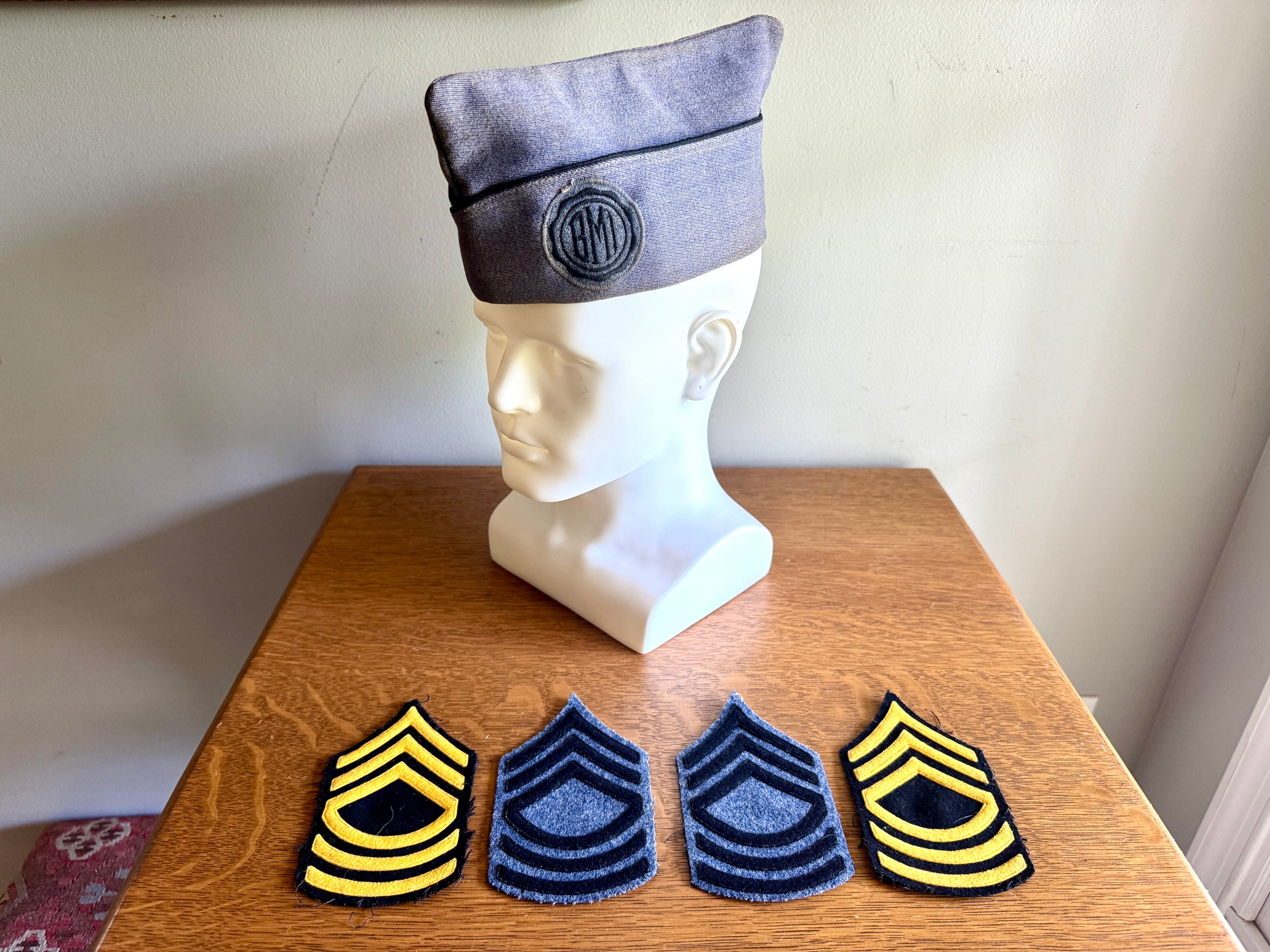 1960's Bordertown Military Institute Wool Garrison Cap and Four Sergeant Chevron Backings