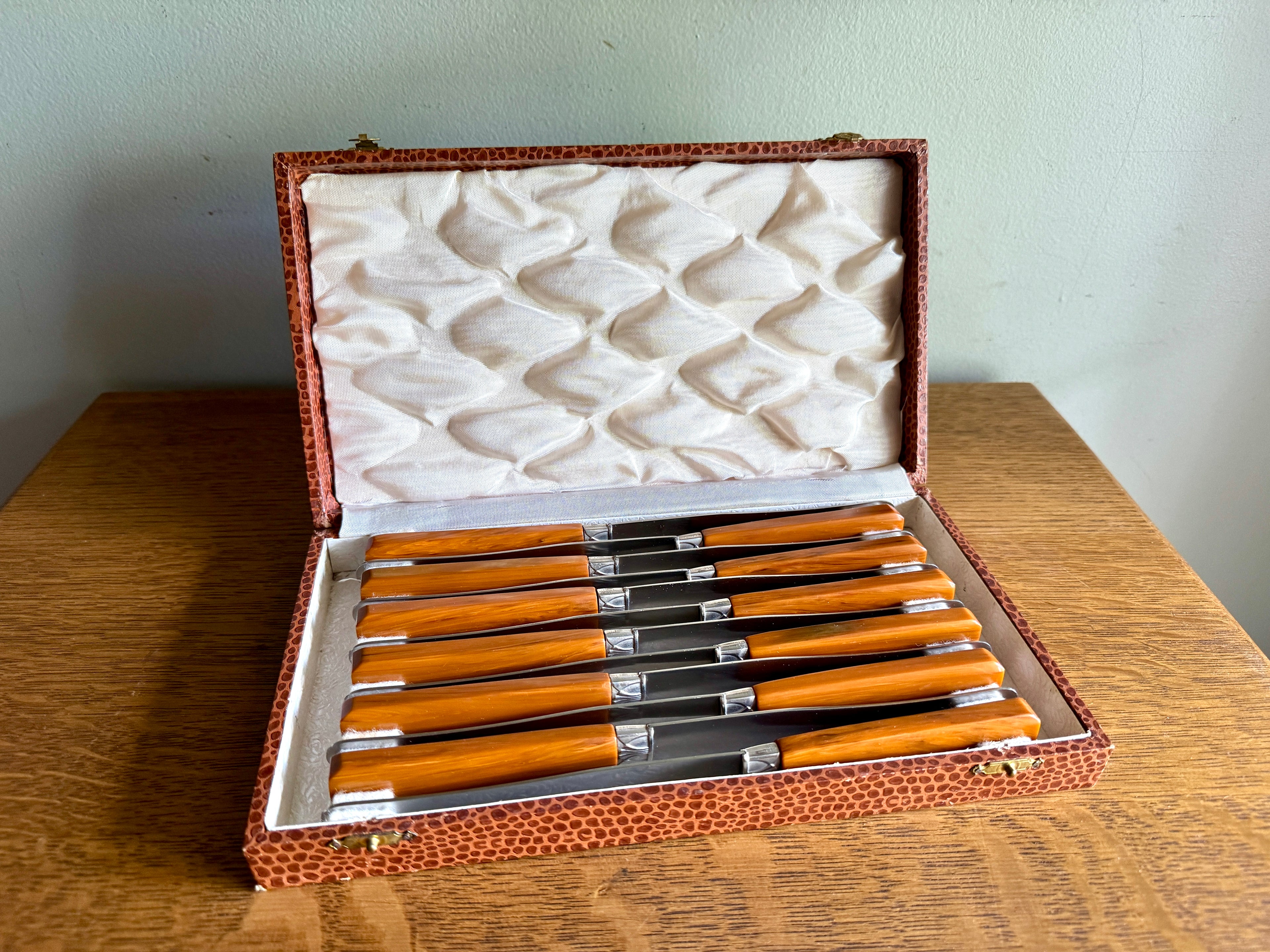 Mid Century Set of 12 Butterscotch Bakelite Handle Knifes in Faux Reptile Skin Case