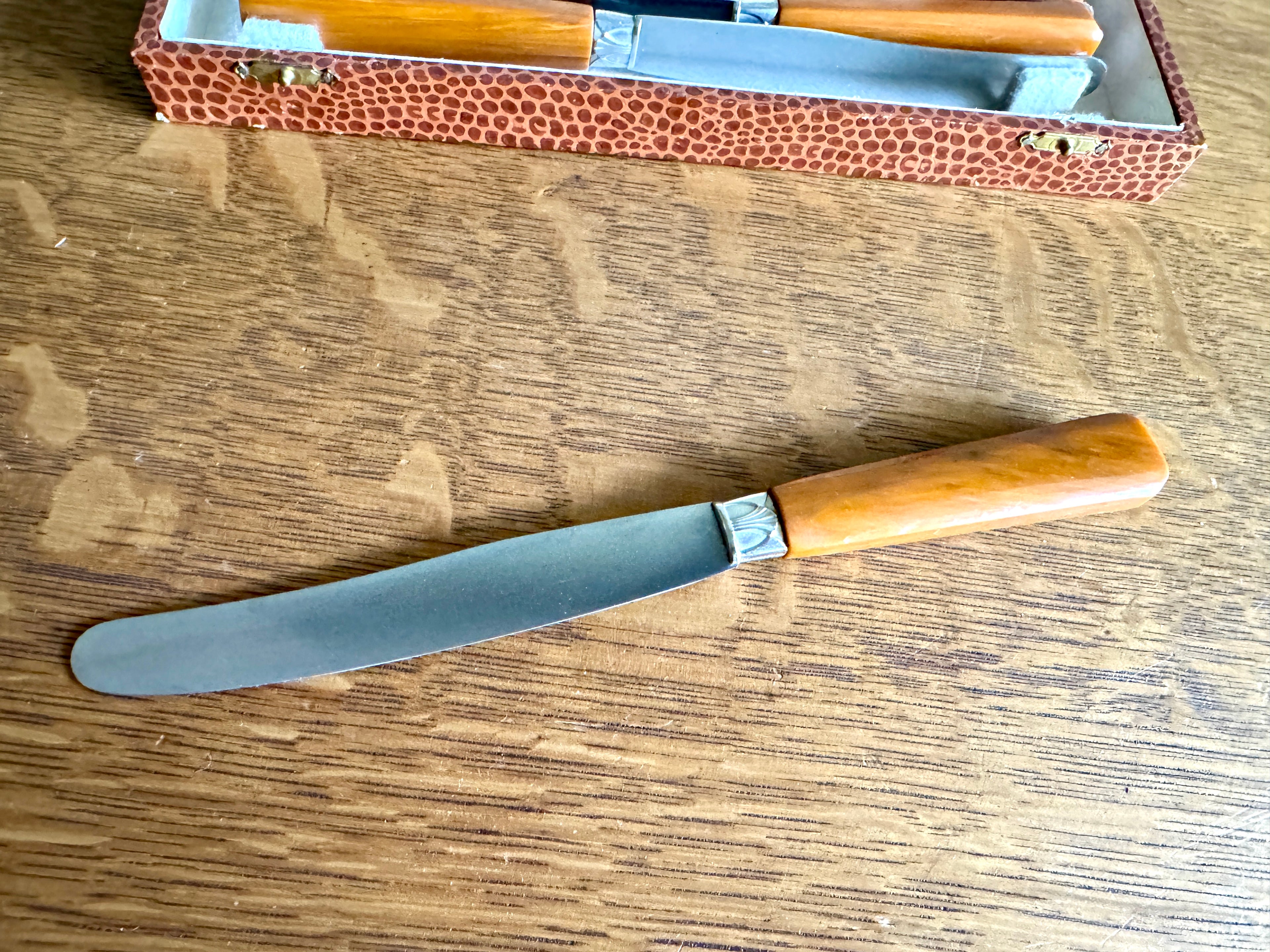 Mid Century Set of 12 Butterscotch Bakelite Handle Knifes in Faux Reptile Skin Case