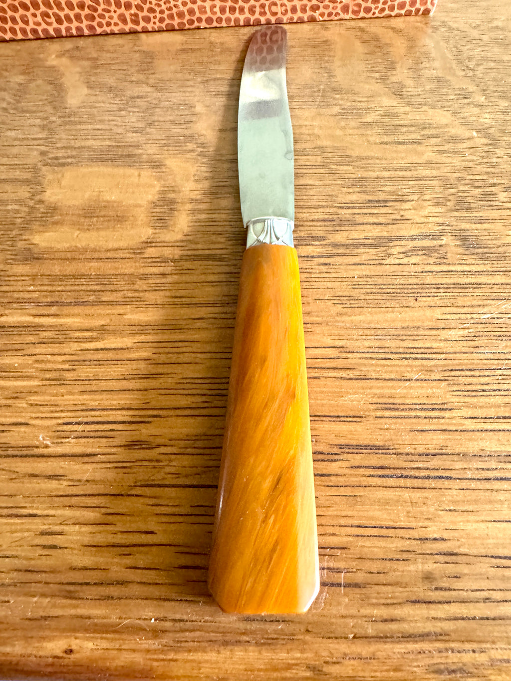 Mid Century Set of 12 Butterscotch Bakelite Handle Knifes in Faux Reptile Skin Case