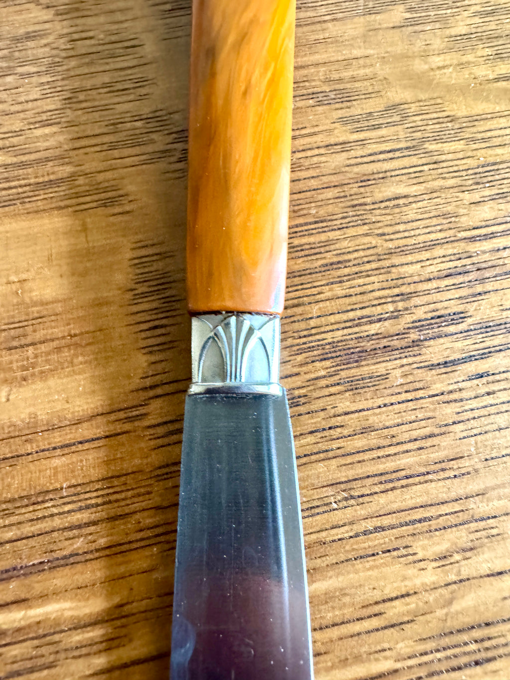 Mid Century Set of 12 Butterscotch Bakelite Handle Knifes in Faux Reptile Skin Case