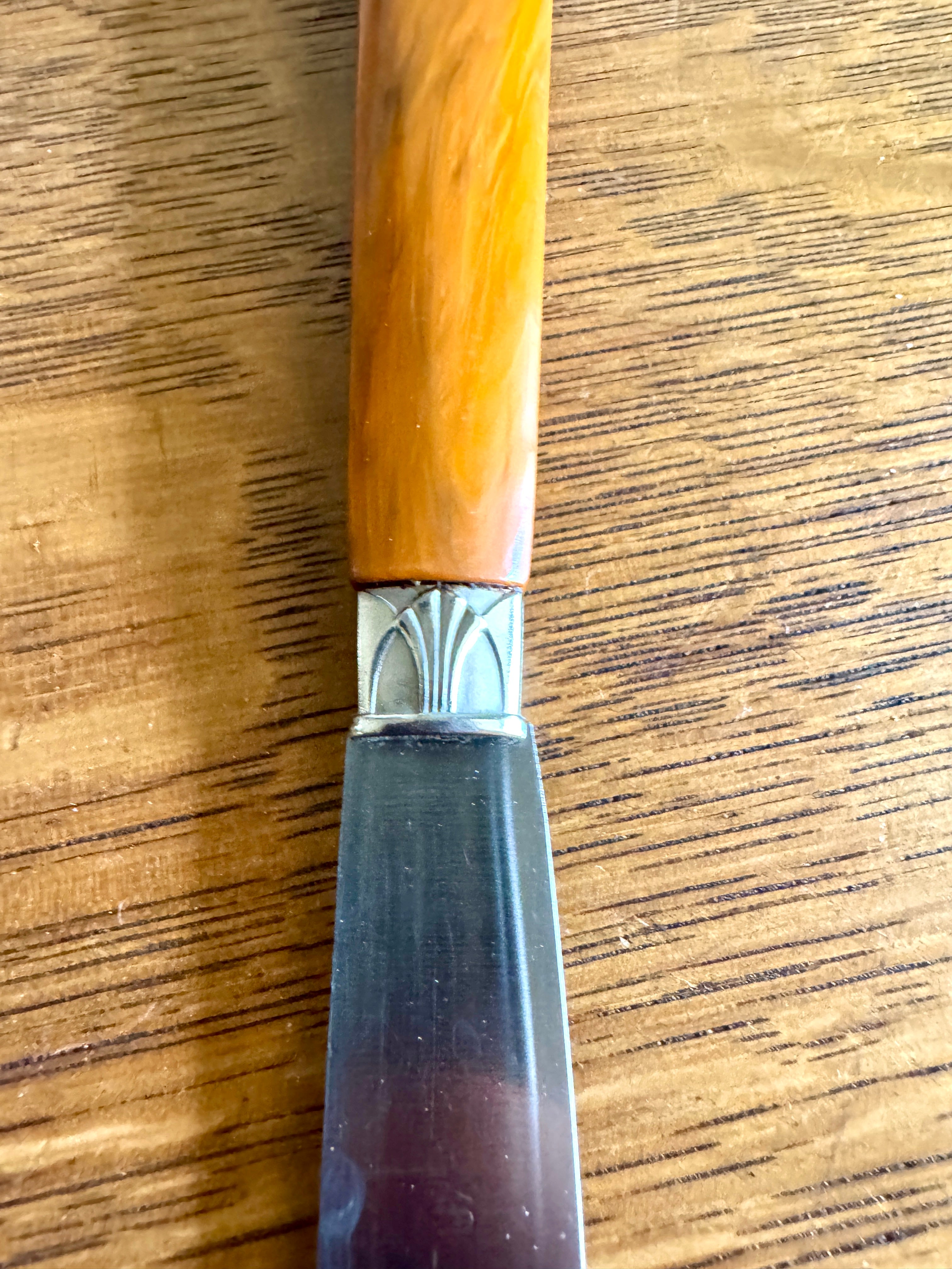 Mid Century Set of 12 Butterscotch Bakelite Handle Knifes in Faux Reptile Skin Case