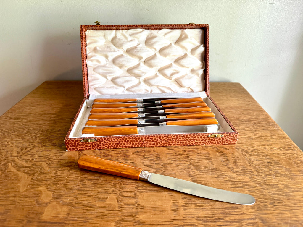 Mid Century Set of 12 Butterscotch Bakelite Handle Knifes in Faux Reptile Skin Case