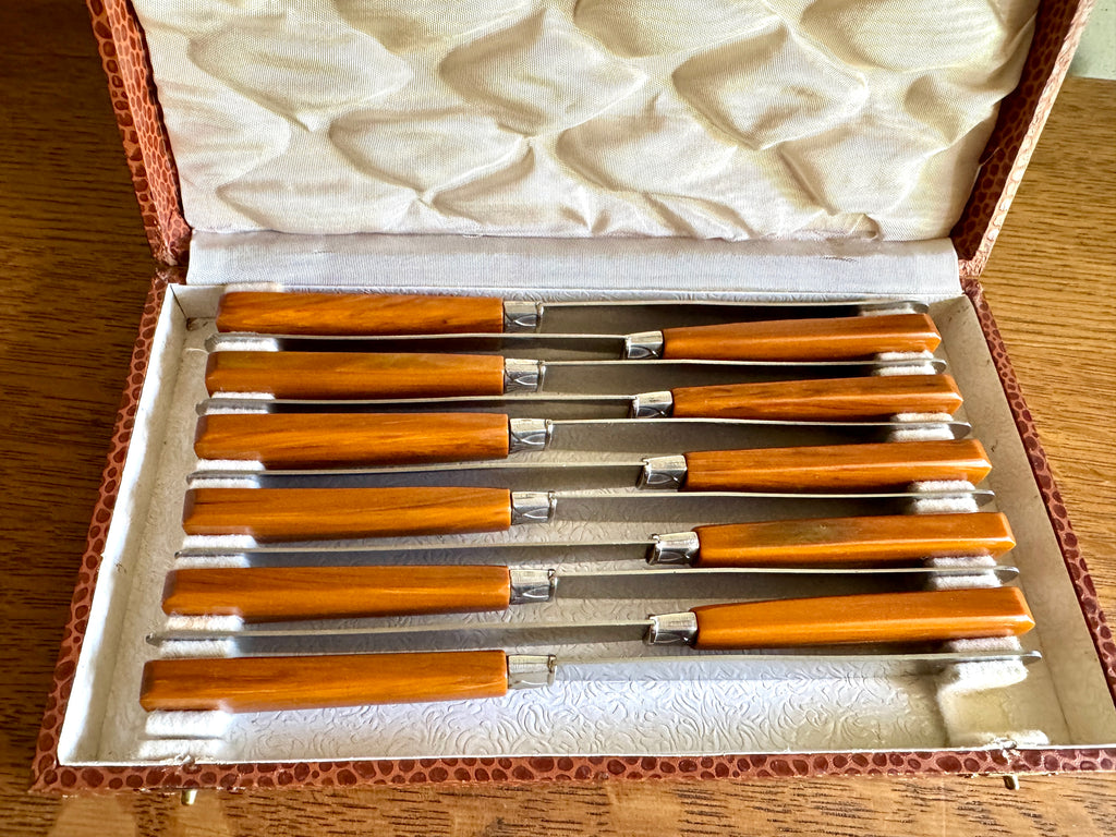 Mid Century Set of 12 Butterscotch Bakelite Handle Knifes in Faux Reptile Skin Case