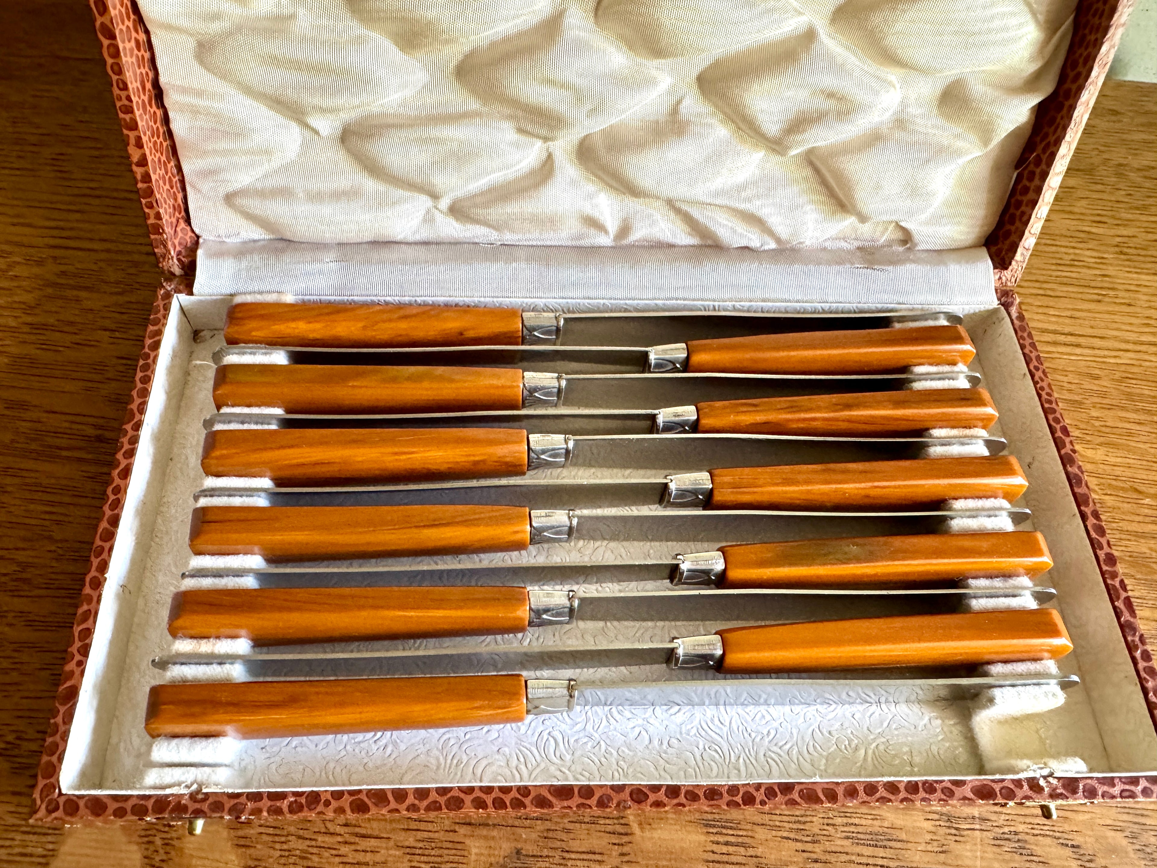 Mid Century Set of 12 Butterscotch Bakelite Handle Knifes in Faux Reptile Skin Case