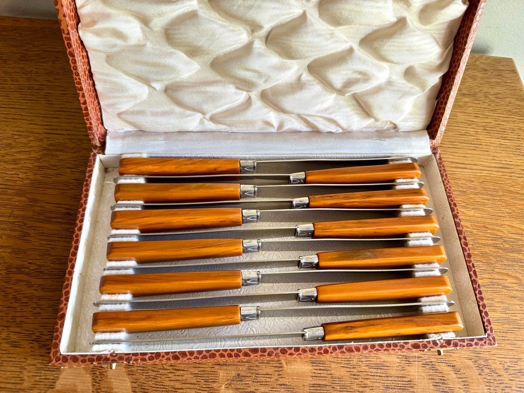 Mid Century Set of 12 Butterscotch Bakelite Handle Knifes in Faux Reptile Skin Case