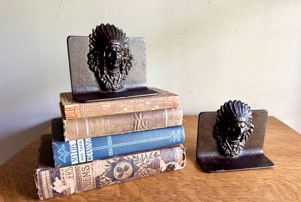 Antique American Indian Chief Head Native American Cast Iron Bookends
