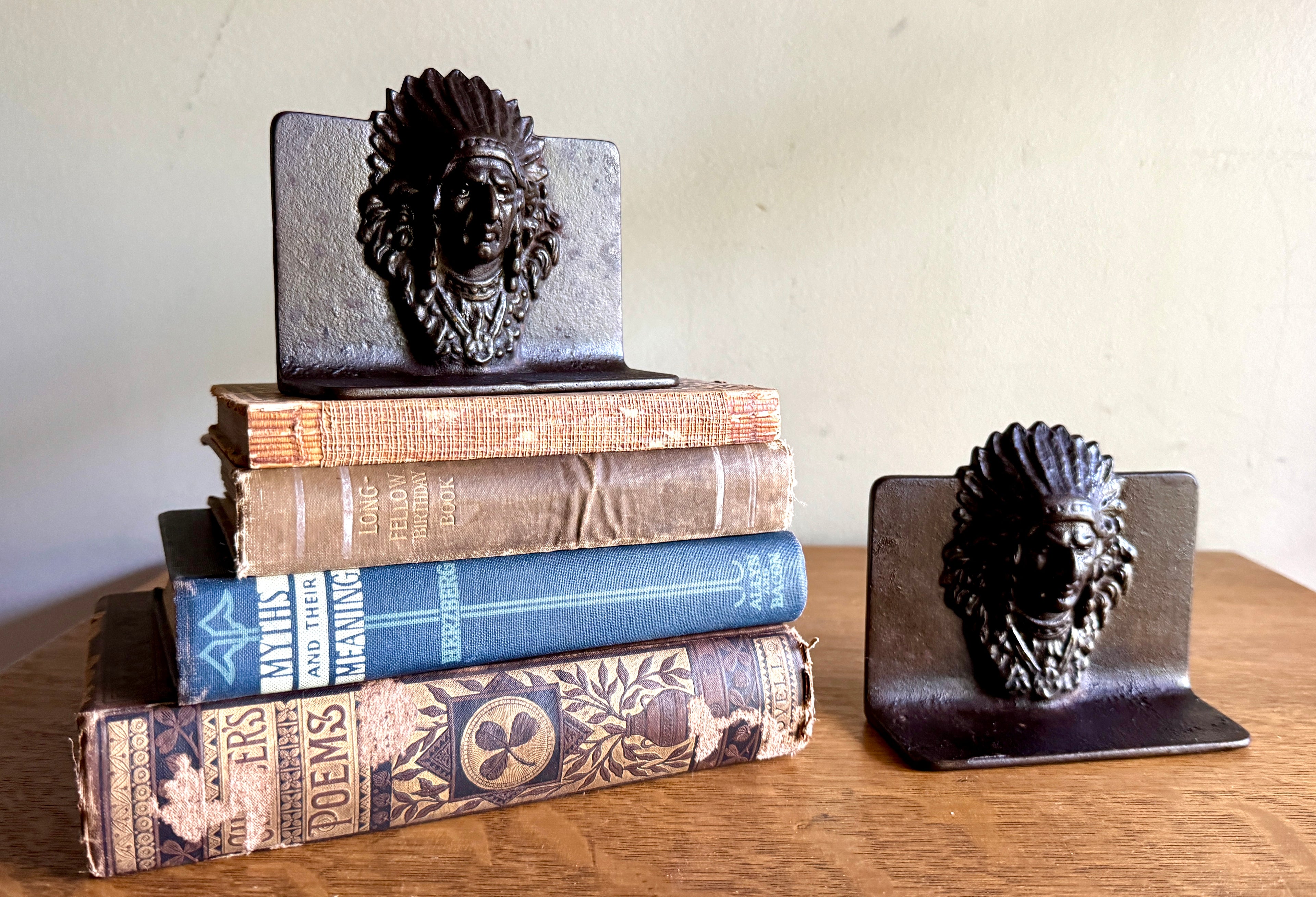 Antique American Indian Chief Head Native American Cast Iron Bookends