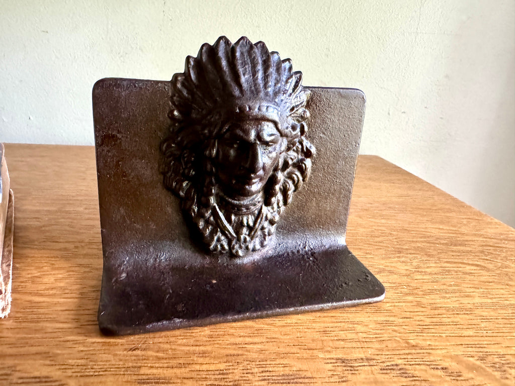 Antique American Indian Chief Head Native American Cast Iron Bookends