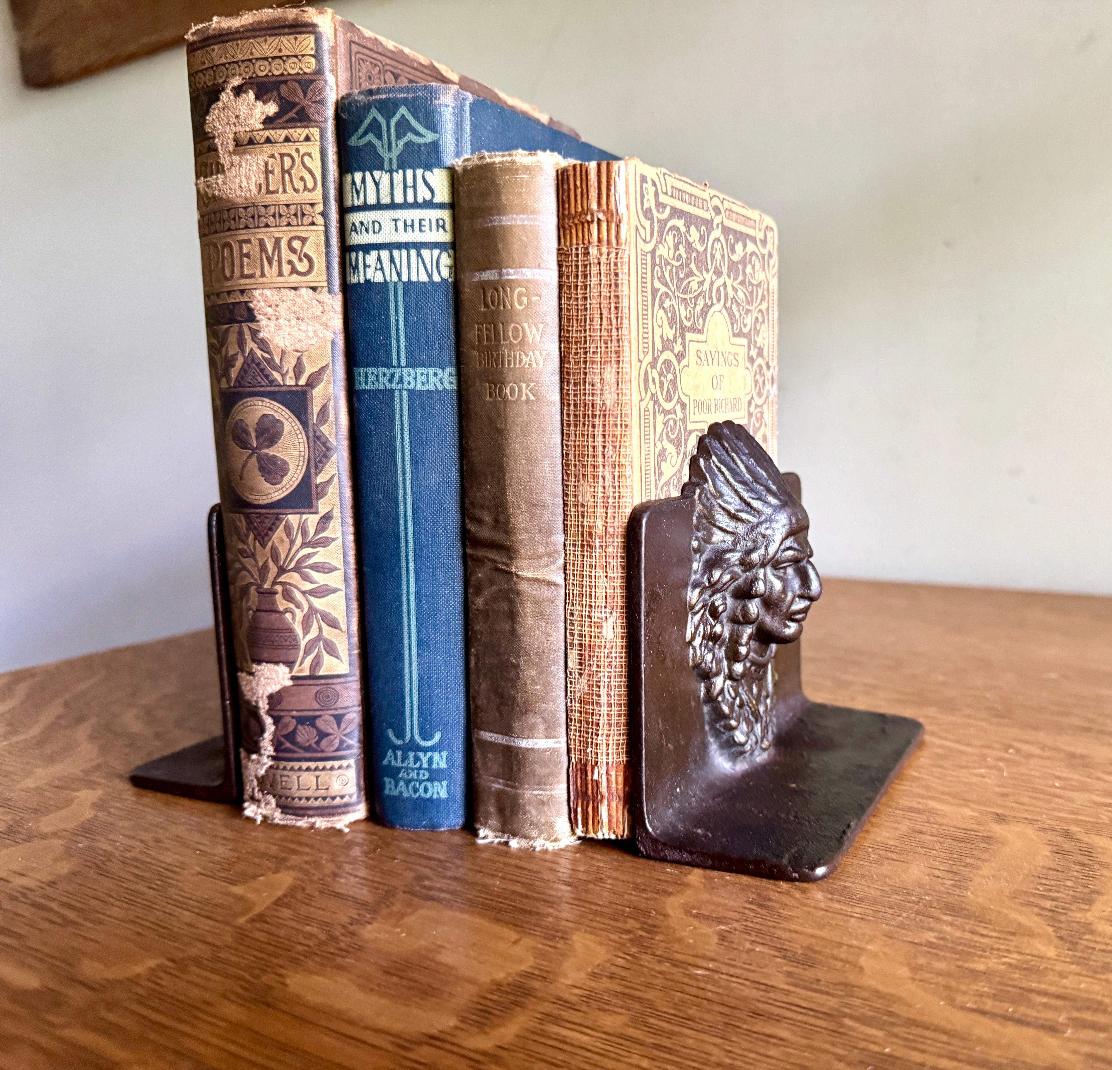 Antique American Indian Chief Head Native American Cast Iron Bookends