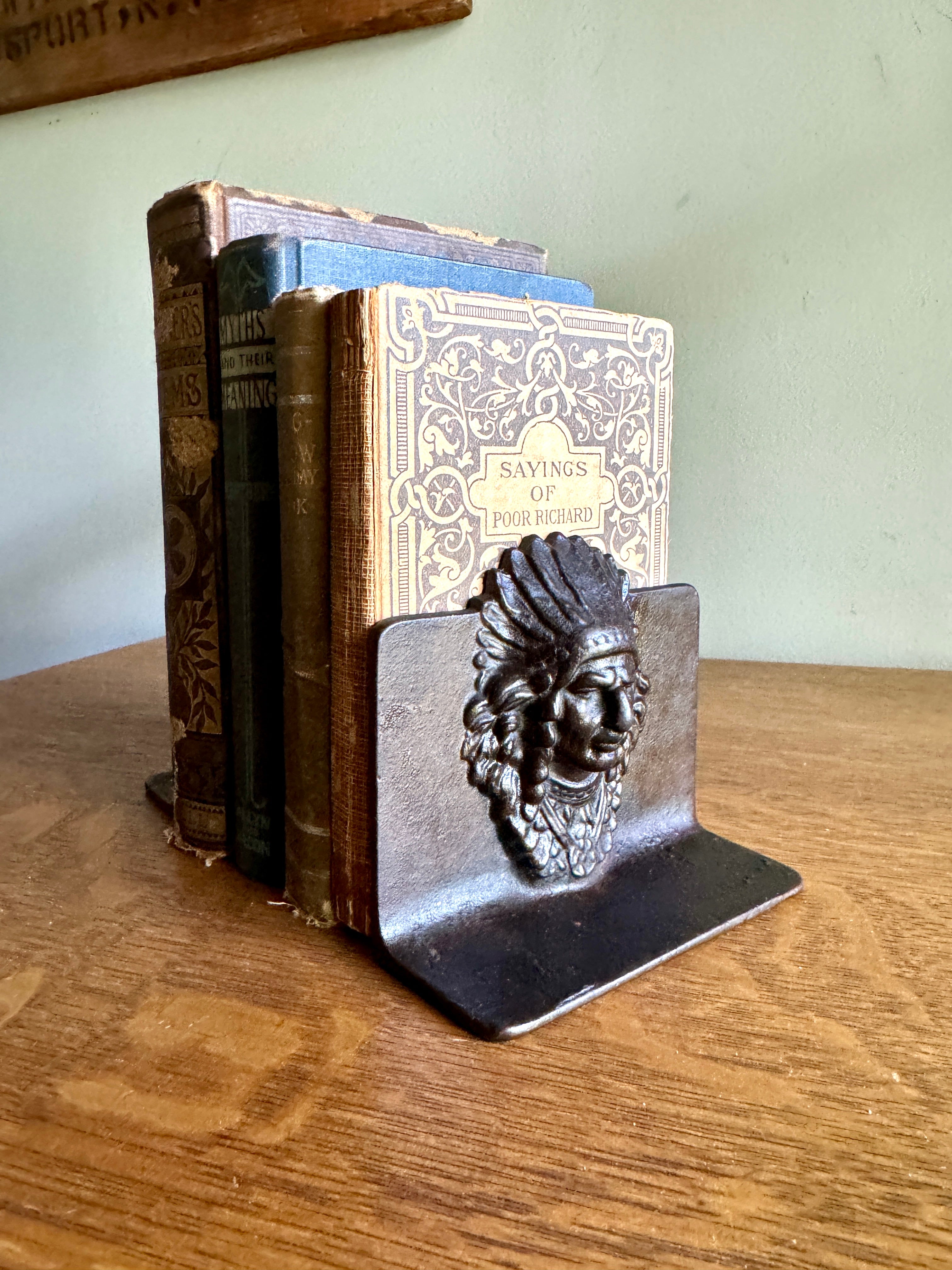 Antique American Indian Chief Head Native American Cast Iron Bookends