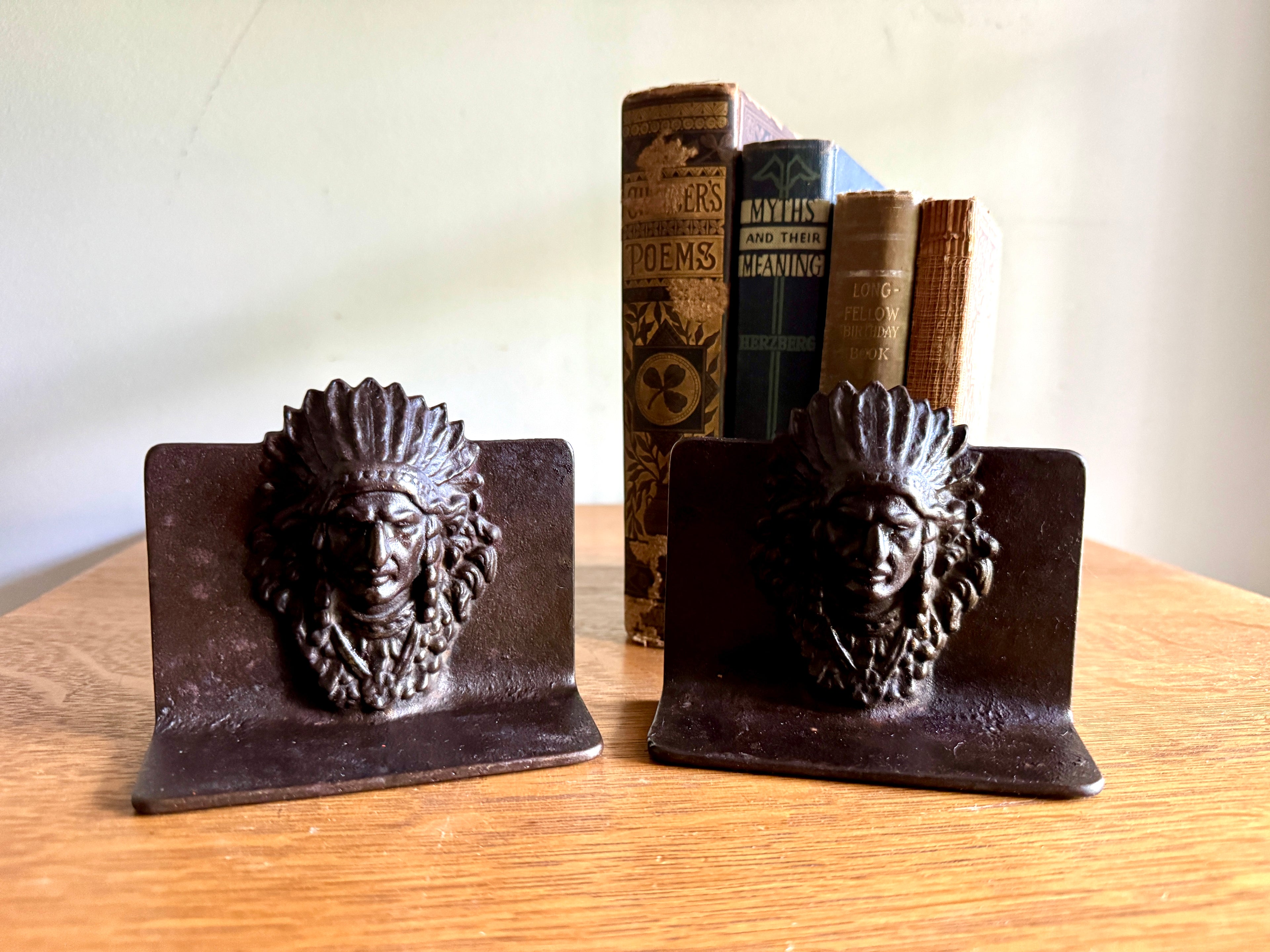 Antique American Indian Chief Head Native American Cast Iron Bookends