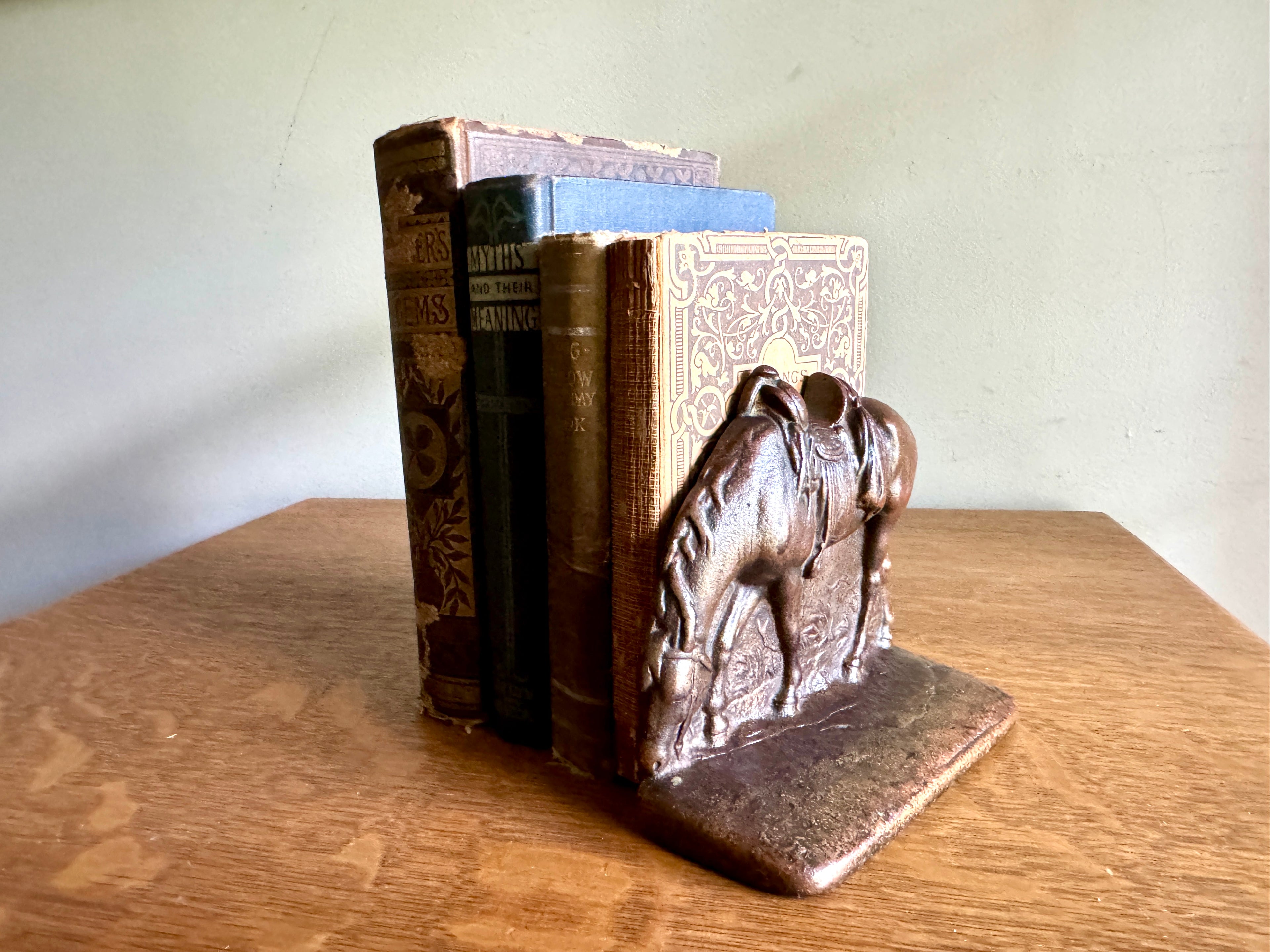 Vtg Cast Iron Bronze Finish Western Horse Bookend - Single - Cowboy Saddled Horse Bookend