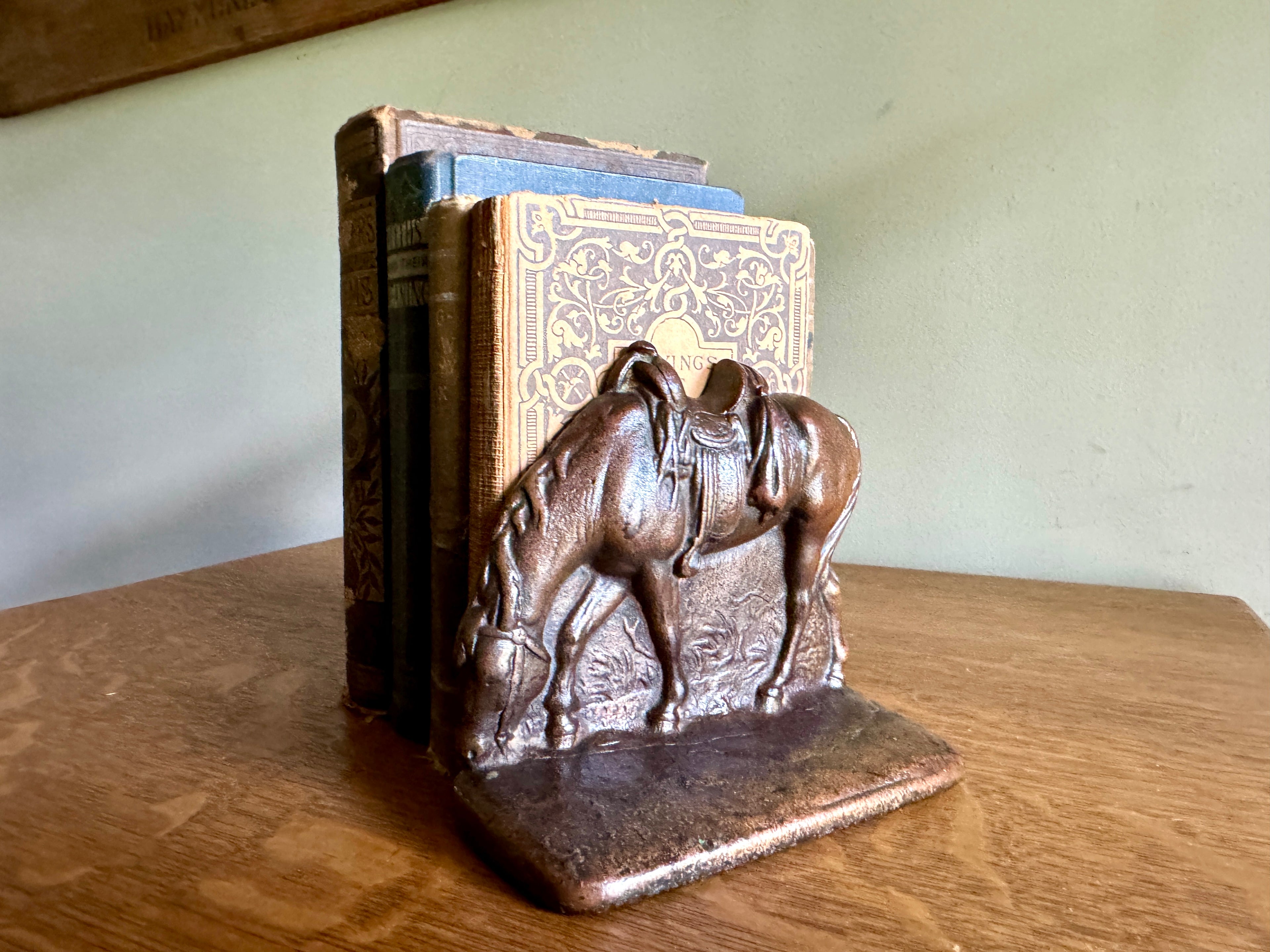 Vtg Cast Iron Bronze Finish Western Horse Bookend - Single - Cowboy Saddled Horse Bookend
